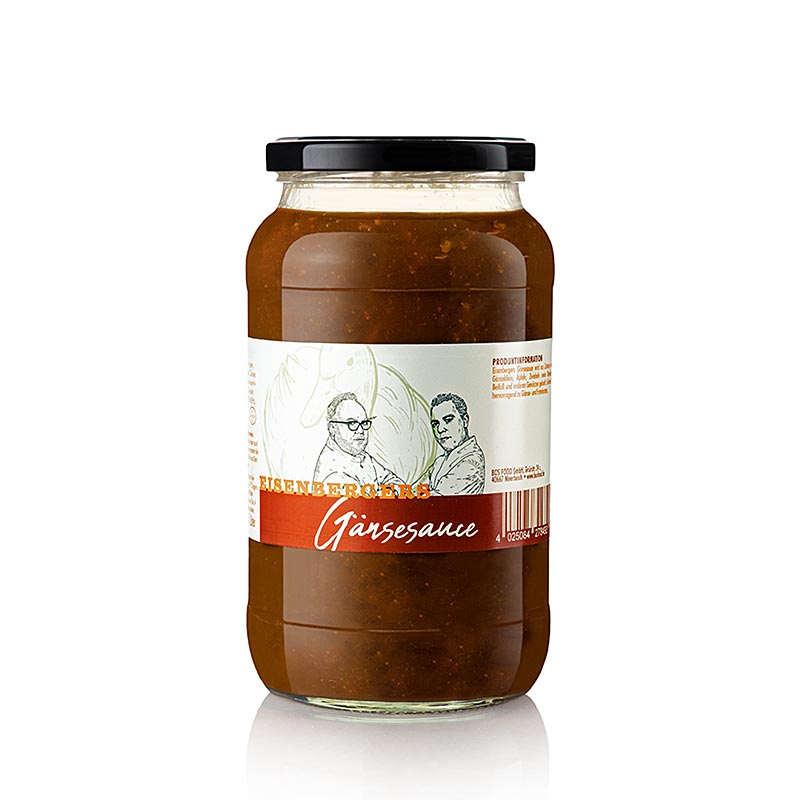 Une bouteille de 1 litre de sauce d'oie Eisenberger, aromatisée au vin rouge, parfaite pour la saison hivernale.