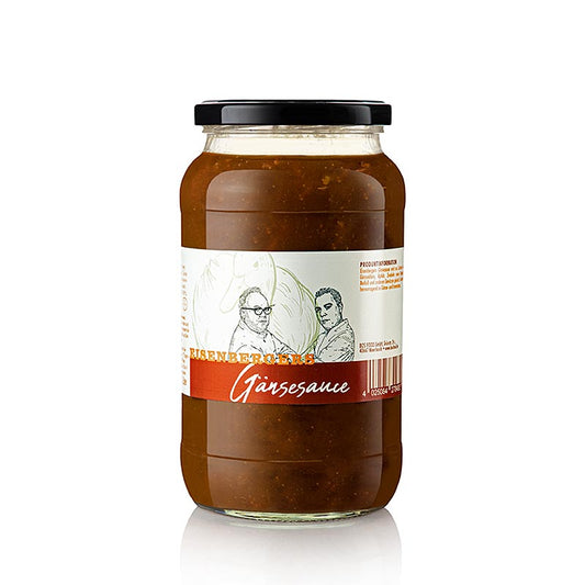 Une bouteille de 1 litre de sauce d'oie Eisenberger, aromatisée au vin rouge, parfaite pour la saison hivernale.