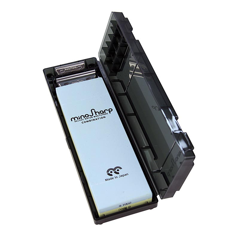 Mino Sharp pierre à aiguiser (eau) pierre combinée 1000/8000, avec support en plastique no 472, 1 pc - pierre à aiguiser de haute qualité pour aiguiser et polir les couteaux