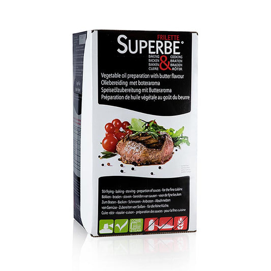 Frilette Superbe - huile végétale aromatisée au beurre, spécialement conçue pour frire et rôtir les aliments, disponible en bidons de 10 litres.