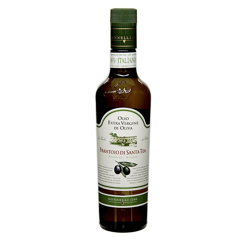 Huile d'olive extra vierge, Santa Tea Gonnelli Fruttato Intenso, à base d'olives vertes, 500 ml, pour une expérience gustative délicieusement intense.