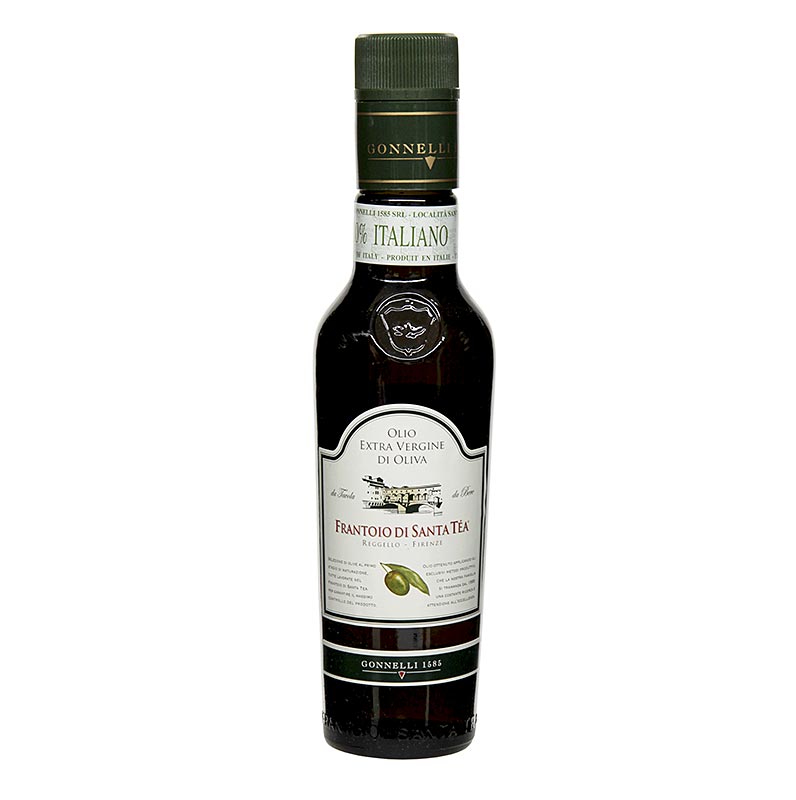 Bouteille de 250 ml avec l'huile d'olive extra vierge Santa Tea Gonnelli Fruttato Intenso à base d'olives vertes