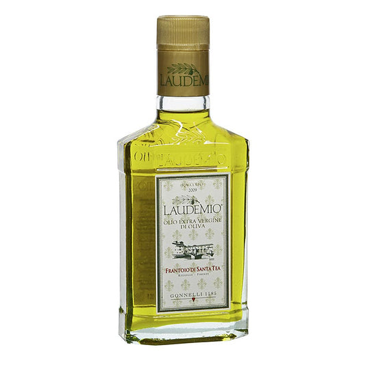 Bouteille de 250 ml d'huile d'olive extra vierge Santa Tea Gonnelli Il Laudemio à base d'olives vertes, parfaite pour les amateurs de première pression.