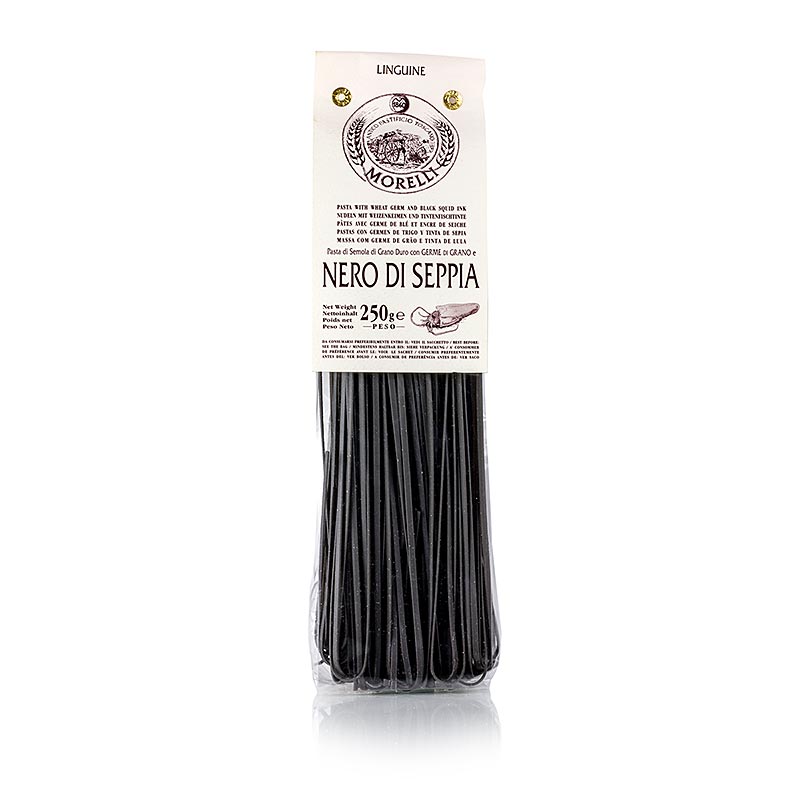 Linguine Morelli 1860, à base de blé et enrichies d'encre de seiche noire sépia, 250 g