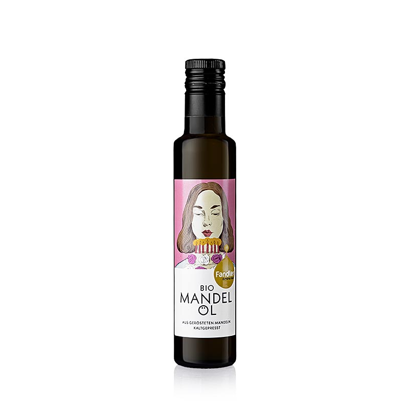 Image d'une bouteille d'huile d'amande biologique pressée à froid Fandler, à base d'amandes grillées, contenant 250 ml.