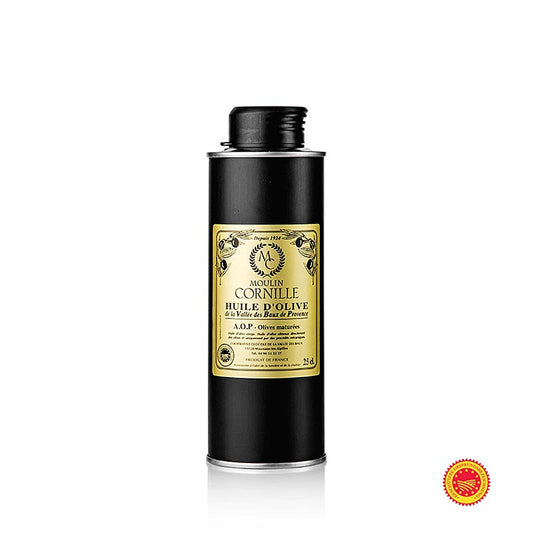 Bouteille de 250 ml d'huile d'olive vierge Cornille, Fruité Noir, douce, Baux de Provence, AOP