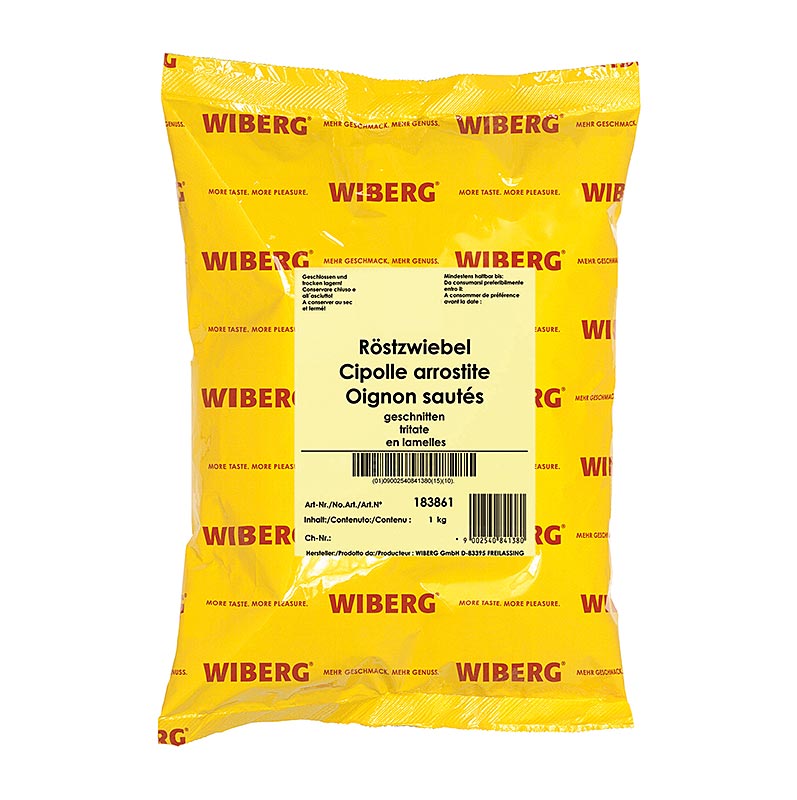 Oignons frits de Wiberg, tranchés et emballés dans un sac de 1 kg, idéaux pour relever la saveur de divers plats.