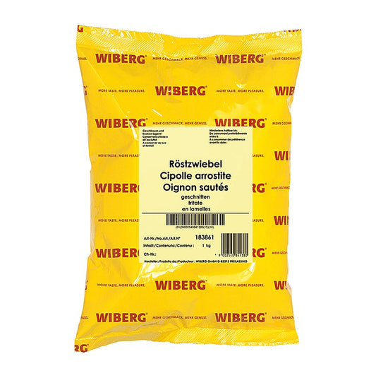 Oignons frits de Wiberg, tranchés et emballés dans un sac de 1 kg, idéaux pour relever la saveur de divers plats.
