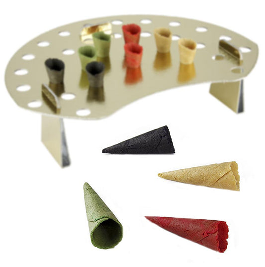 Croissants de base de couleur neutre, rouge, verte et noire, d'un diamètre de 2,5 x 7,5 cm, y compris le porte-gaufrettes, emballés dans 1,1 kg, dans une boîte de 260 pièces.
