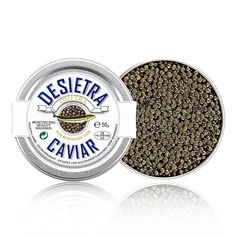 Caviar Desietra Osietra (Acipenser gueldenstaedtii) issu de l'aquaculture en Allemagne, 50g