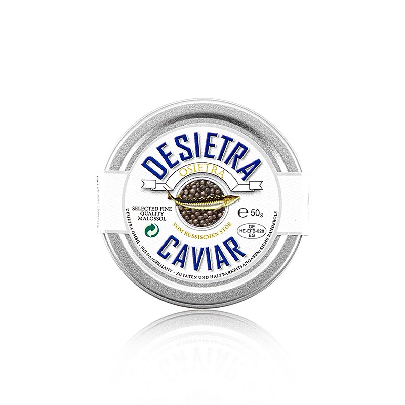 Caviar Desietra Osietra (Acipenser gueldenstaedtii) frais et savoureux provenant de l'aquaculture en Allemagne, emballé dans une boîte de 50 g.