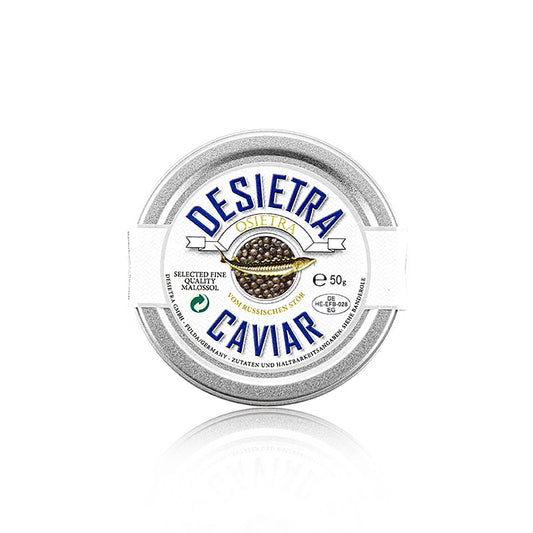 Caviar Desietra Osietra (Acipenser gueldenstaedtii) frais et savoureux provenant de l'aquaculture en Allemagne, emballé dans une boîte de 50 g.