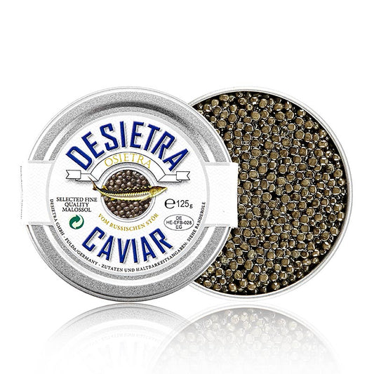 Caviar d'esturgeon Premium Desietra Osietra d'Acipenser gueldenstaedtii, produit de manière durable en Allemagne, 125 grammes