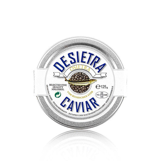 Luxueux caviar Desietra Osietra de 125 g provenant d'Acipenser gueldenstaedtii dans l'aquaculture allemande