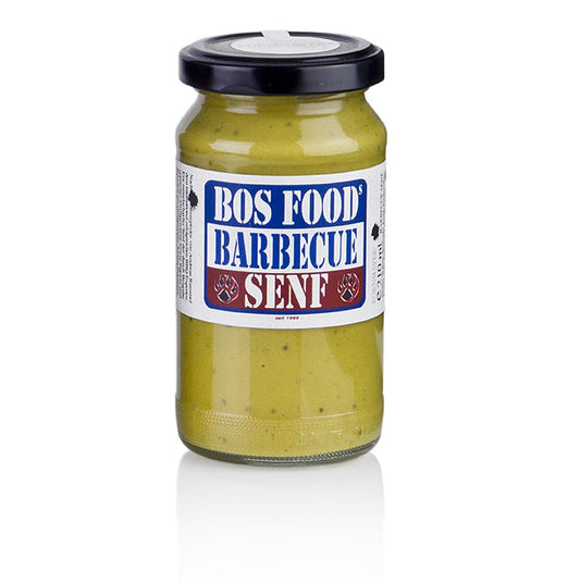 Moutarde barbecue - BOS FOOD EDITION, par Andreas Rummel, maître du barbecue et des grillades, 210 ml - Une moutarde savoureuse, idéale pour assaisonner la viande au barbecue et sur les grillades.