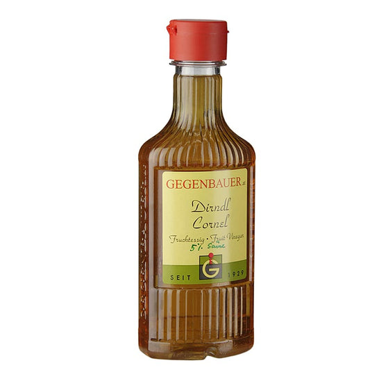 Vinaigre de fruits de Dirndl - cornouiller, 5% d'acide, 250 ml - Vinaigre de fruits fabriqué à partir de cerises de Dirndl, récoltées à Vienne, fermentation alcoolique, fermentation du vinaigre dans des conditions contrôlées, stockage dans des ballons en verre, maturation pour une haute qualité.