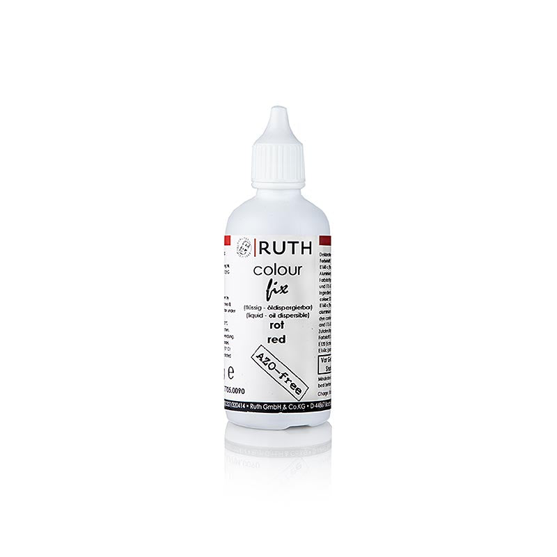 Colorant alimentaire liquide de couleur rouge, numéro de produit 7705, marque Ruth, poids net 90 grammes.