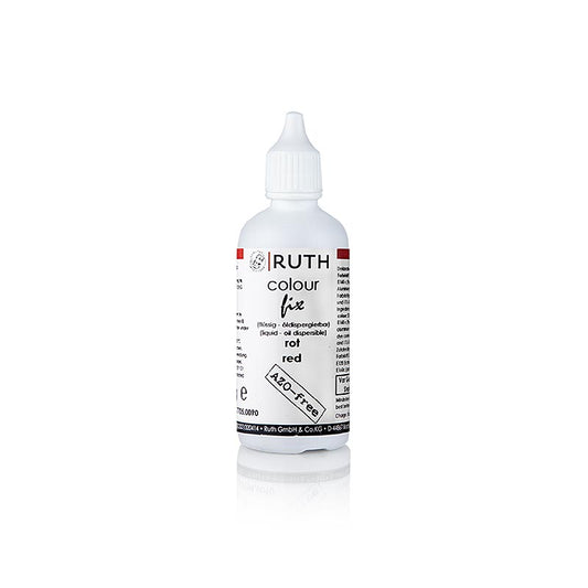 Colorant alimentaire liquide de couleur rouge, numéro de produit 7705, marque Ruth, poids net 90 grammes.