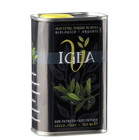 Bouteille biologique de 250 ml d'huile d'olive extra vierge de première pression à froid Igea de Ponte del Giglio, Villa Igea, avec texte alt SEO-friendly pour l'image du produit