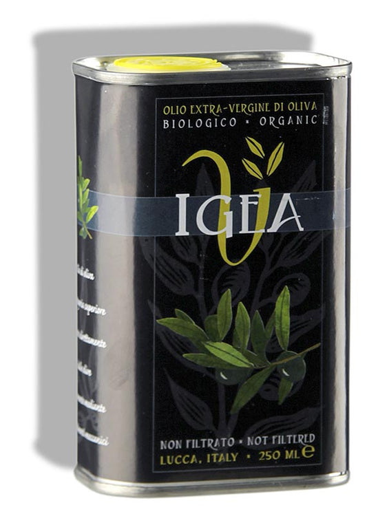 Bouteille de 250 ml d'huile d'olive vierge extra Igea produite biologiquement, issue de la première pression à Ponte del Giglio, Villa Igea, offrant une qualité supérieure et une saveur riche.