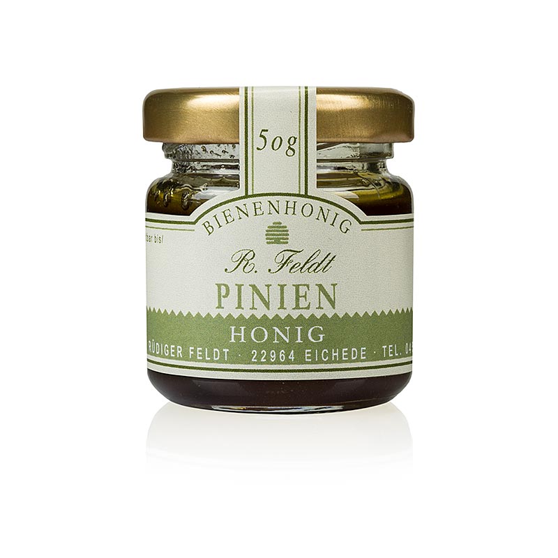 Miel de pin, égéen, foncé, légèrement épicé, miel de pin, pot de 50 g - illustration du produit dans un petit pot de 50 g