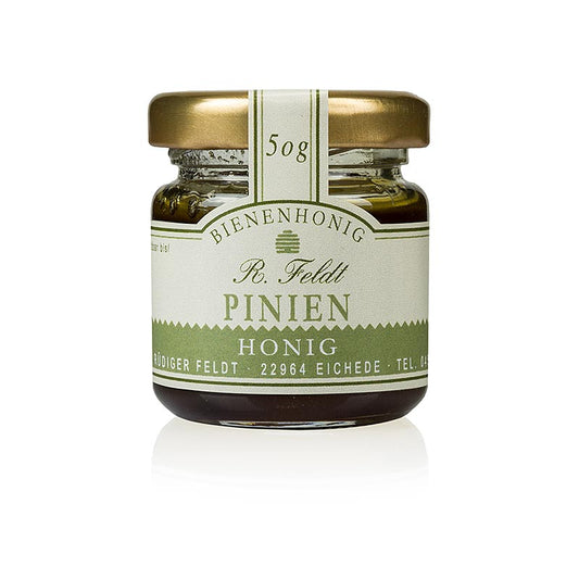 Miel de pin, égéen, foncé, légèrement épicé, miel de pin, pot de 50 g - illustration du produit dans un petit pot de 50 g