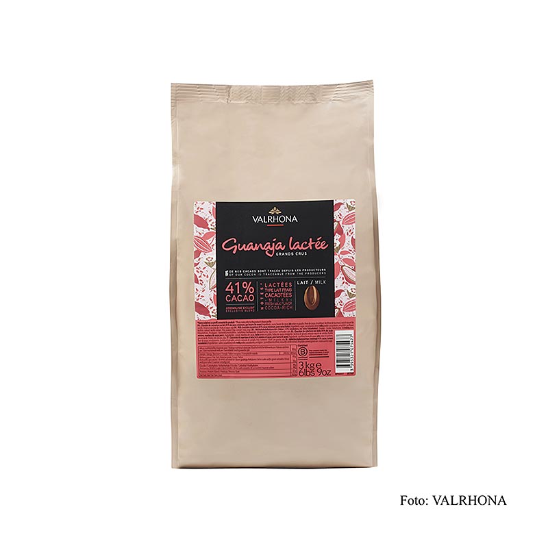 Valrhona Guanaja Lactée Grand Cru 41% de cacao, 3 kg de callets de couverture, chocolat au lait riche et crémeux pour la pâtisserie et la confiserie.