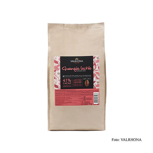 Valrhona Guanaja Lactée Grand Cru 41% de cacao, 3 kg de callets de couverture, chocolat au lait riche et crémeux pour la pâtisserie et la confiserie.