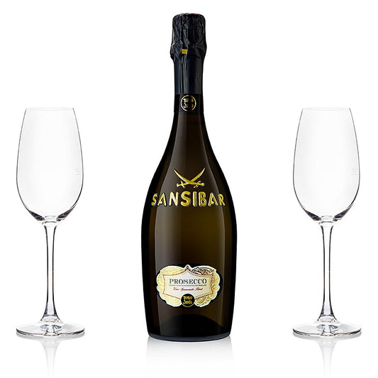 Zanzibar's Best San Simone Prosecco Brut 0,75l + 2 coupes à champagne Riedel, 3 pièces - un délicieux vin mousseux avec des coupes à champagne de luxe