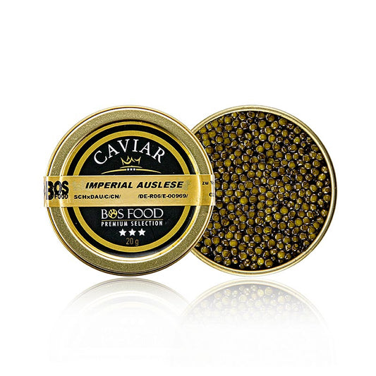 20 grammes de caviar Imperial Auslese, un croisement d'esturgeons Amur x Kaluga (schrenckii x dau), en provenance de Chine, emballé dans un emballage de luxe.