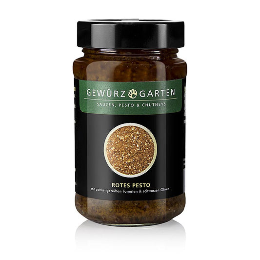 Pesto rouge Gewürzgarten, à base de tomates mûries au soleil et d'olives noires, 225 ml, parfait pour relever le goût des pâtes, des salades, etc.