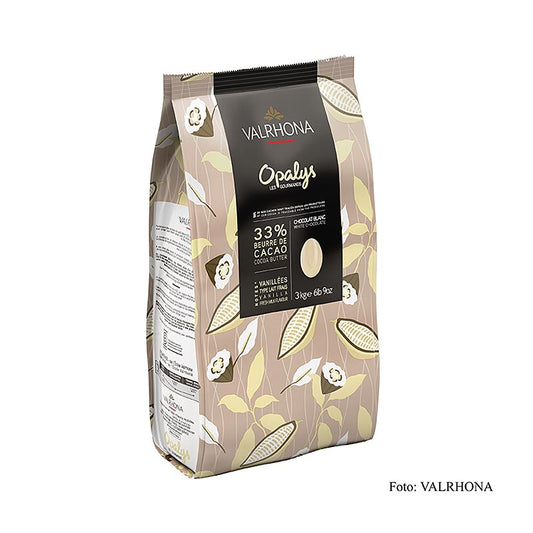 Valrhona Opalys, couverture blanche, callets, 33% de beurre de cacao, 3 kg - callets de chocolat blanc de haute qualité de Valrhona pour les pâtissiers et chocolatiers professionnels.
