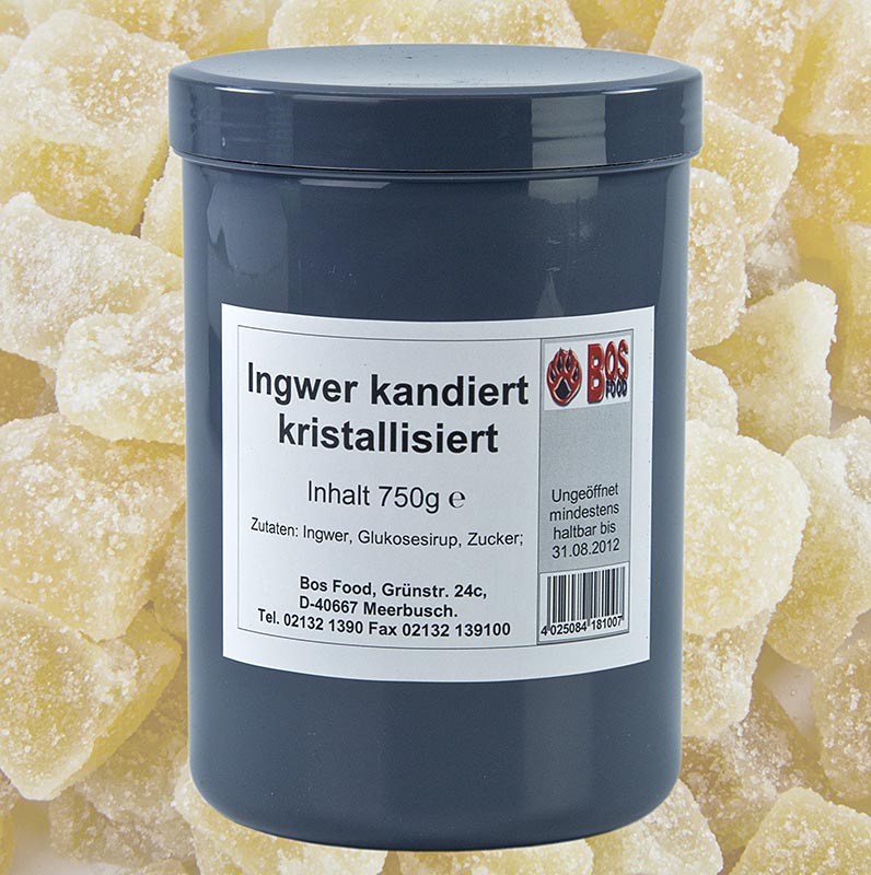 Gros plan sur 750 g de cubes de gingembre confit cristallisé à sec emballés dans un sachet