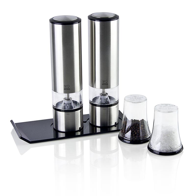 Peugeot ELIS set, moulin à sel et à poivre électrique, acier inoxydable, 5 pièces - Moulin à sel et à poivre électrique de Peugeot, en acier inoxydable, composé de 5 pièces