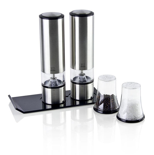 Peugeot ELIS set, moulin à sel et à poivre électrique, acier inoxydable, 5 pièces - Moulin à sel et à poivre électrique de Peugeot, en acier inoxydable, composé de 5 pièces