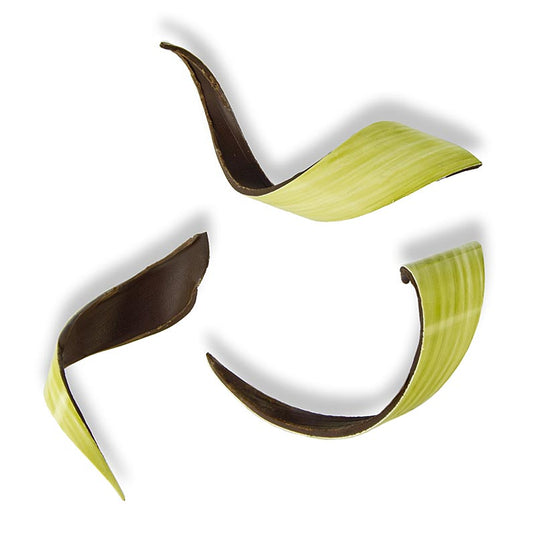 Alt text : Topper décoratif Twist Green enrobé de chocolat noir, format 20x80mm, poids 130 g, et composé de 80 pièces
