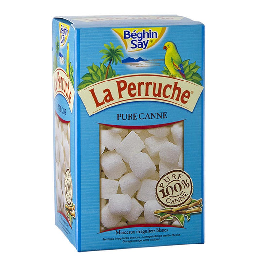 Sucre de canne en morceaux La Perruche, de couleur blanche, conditionné en boîte de 750 g