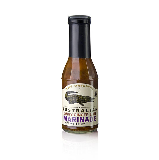 Image de la marinade australienne épicée au gingembre et au citron vert, le produit original dans une bouteille de 355 ml