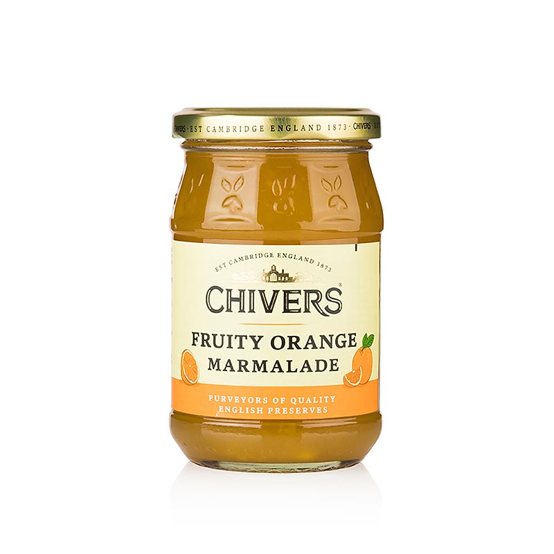 Marmelade d'orange de Chivers, à base d'écorces d'orange grossièrement hachées, délicieusement fruitée et conditionnée en pot de 340 g.