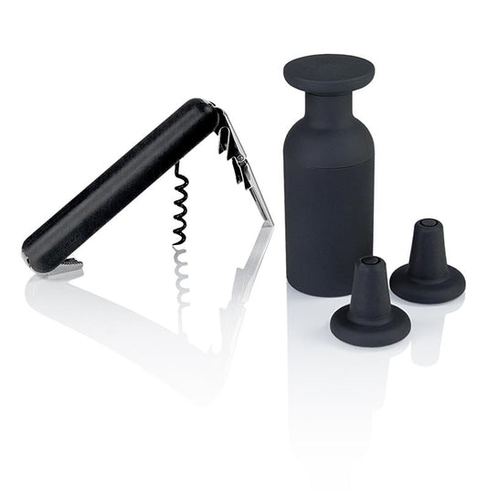 Set à vin avec couteau kelner, pompe à vide, 2 bouchons, carbon look, 14cm, ø 5cm, 4 pièces
