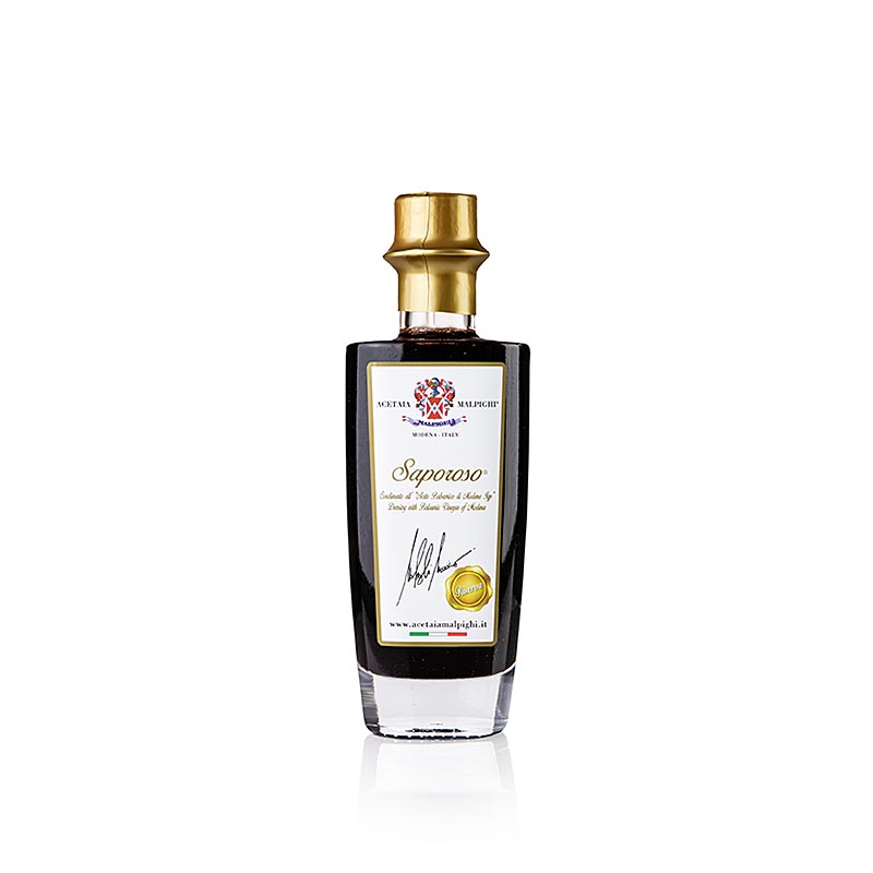 Balsamique Saporoso Riserva, 8 ans d'âge en chêne et bois d'acacia, Malpighi, 100 ml - délicieux et riche vinaigre balsamique italien à la saveur profonde et complexe.
