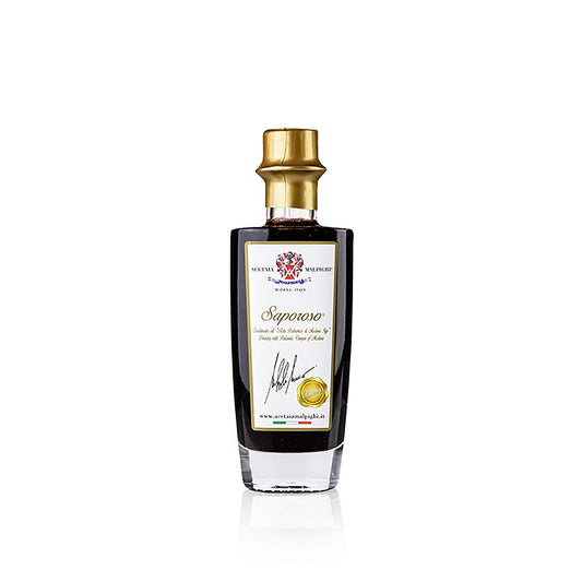 Balsamique Saporoso Riserva, 8 ans d'âge en chêne et bois d'acacia, Malpighi, 100 ml - délicieux et riche vinaigre balsamique italien à la saveur profonde et complexe.