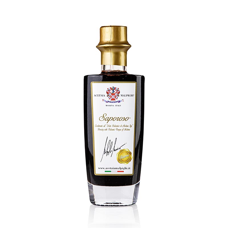 Balsamique Saporoso Riserva, vieilli 8 ans en fûts de chêne et d'acacia, Malpighi, 200 ml - Un vinaigre balsamique très raffiné et riche, de grande qualité.