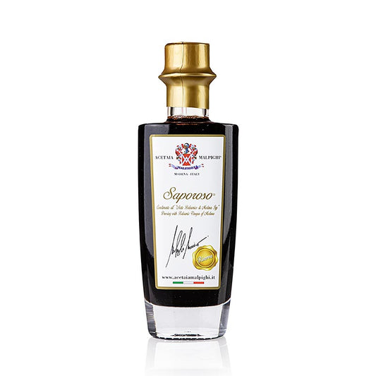 Balsamique Saporoso Riserva, vieilli 8 ans en fûts de chêne et d'acacia, Malpighi, 200 ml - Un vinaigre balsamique très raffiné et riche, de grande qualité.