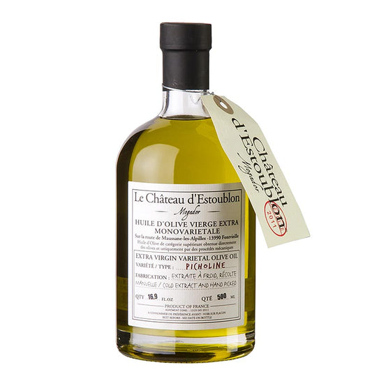Bouteille de 500 ml d'huile d'olive vierge extra à base d'olives Picholine produite par le Château d'Estoublon