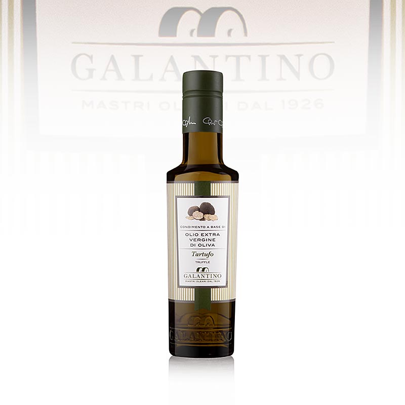 Bouteille de 250 ml d'huile d'olive vierge extra Galantino au goût de truffe, idéale pour les plats raffinés et les salades.