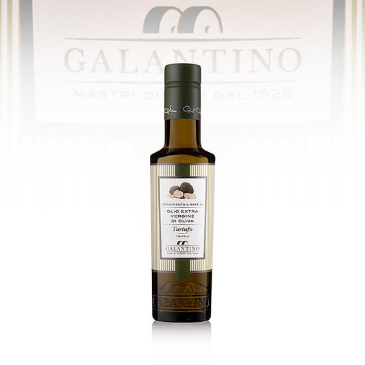 Bouteille de 250 ml d'huile d'olive vierge extra Galantino au goût de truffe, idéale pour les plats raffinés et les salades.