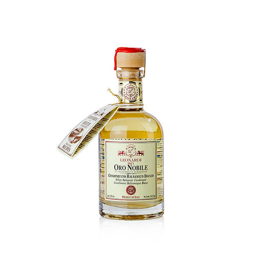 Balsamique Bianco Oro Nobile, 4 ans d'âge en fût de chêne, Leonardi, 250 ml - Une bouteille de 250 ml du Balsamique Bianco Oro Nobile, 4 ans d'âge en fût de chêne, produit par Leonardi.
