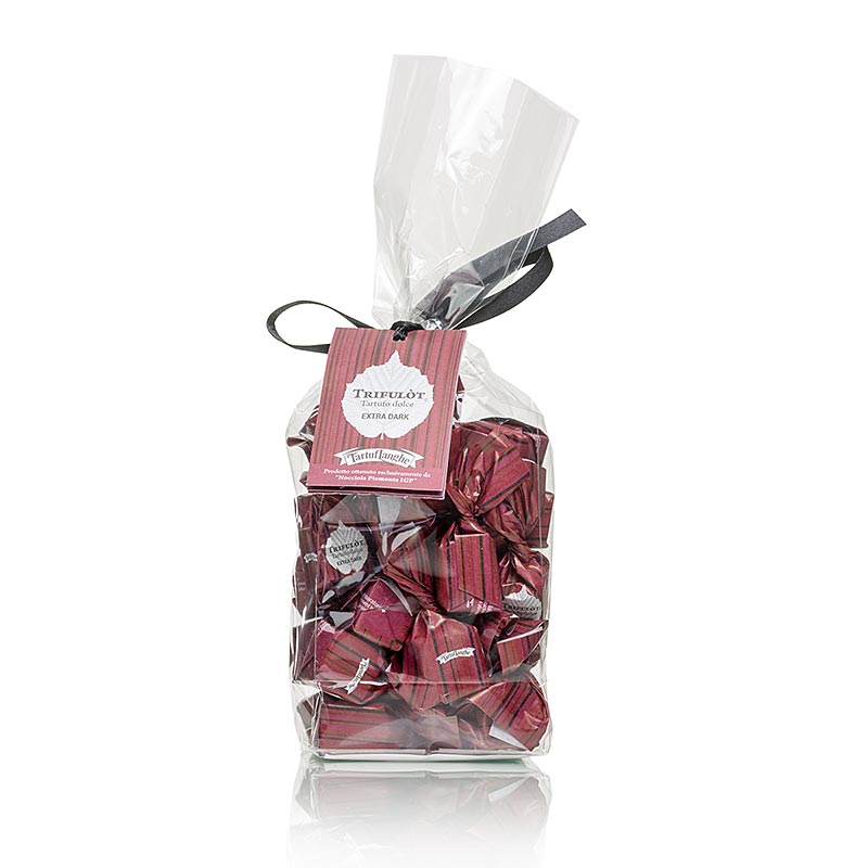 Tartuflanghe mini pralines aux truffes - Dolce d'Alba, chocolat extra noir, env. 7g, noir/rouge, 200g - Pralines aux truffes de luxe faites à la main avec une délicieuse combinaison de chocolat noir et de la saveur intense des truffes, emballées dans un élégant paquet noir et rouge de 200g.