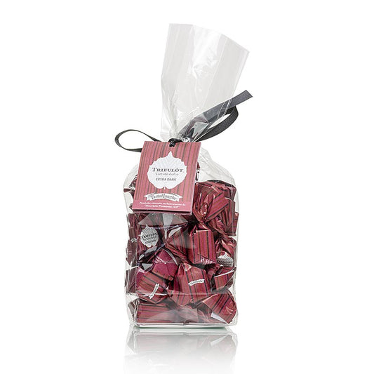 Tartuflanghe mini pralines aux truffes - Dolce d'Alba, chocolat extra noir, env. 7g, noir/rouge, 200g - Pralines aux truffes de luxe faites à la main avec une délicieuse combinaison de chocolat noir et de la saveur intense des truffes, emballées dans un élégant paquet noir et rouge de 200g.